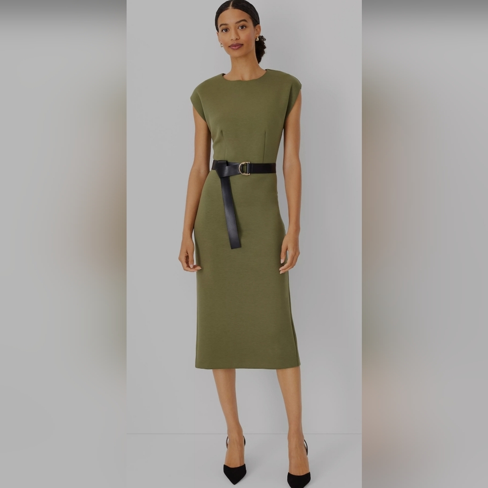Ann Taylor Green Sheath Midi Dress with Cap Sleeves